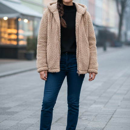 Teddy Jacke Beige mit Kapuze aus warmem Polyester - Ansicht 1