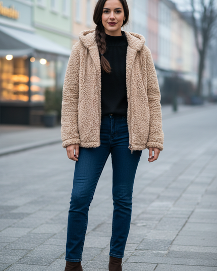Teddy Jacke Beige mit Kapuze aus warmem Polyester - Ansicht 1