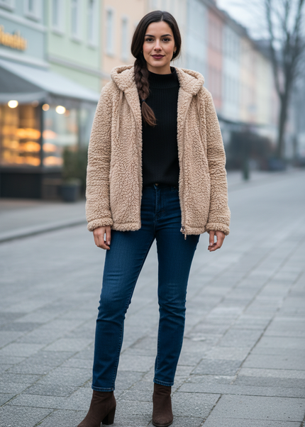 Teddy Jacke Beige mit Kapuze aus warmem Polyester - Ansicht 1