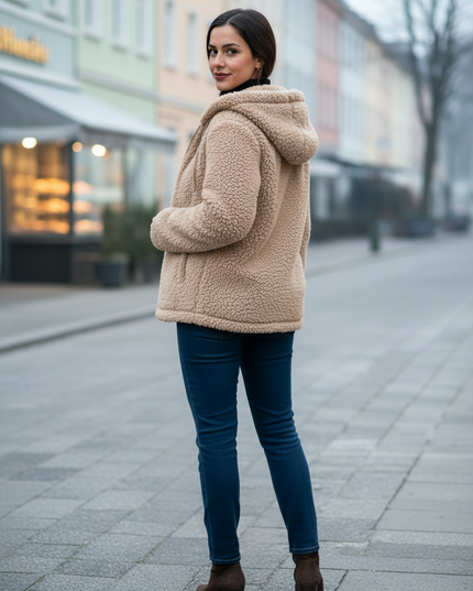 Teddy Jacke Beige mit Kapuze aus warmem Polyester - Ansicht 2