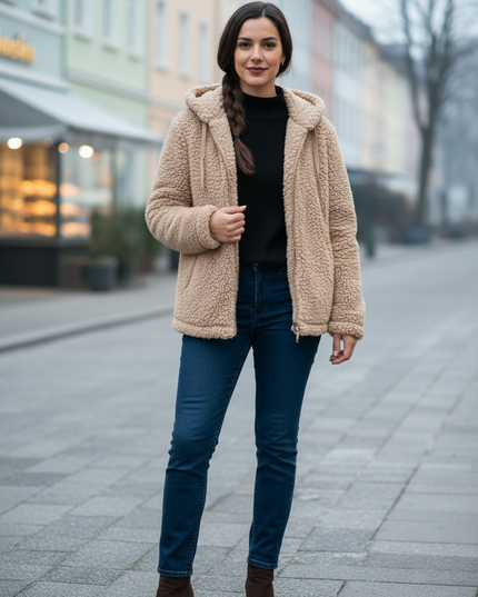 Teddy Jacke Beige mit Kapuze aus warmem Polyester - Ansicht 3