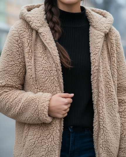 Teddy Jacke Beige mit Kapuze aus warmem Polyester - Ansicht 4