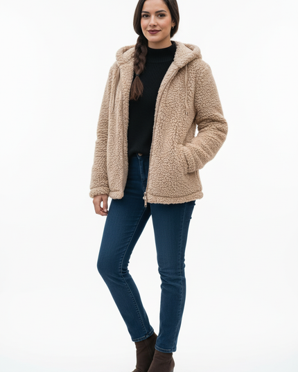 Teddy Jacke Beige mit Kapuze aus warmem Polyester - Ansicht 5