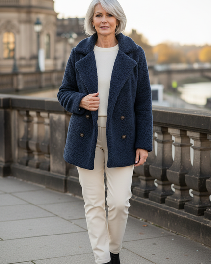 Teddy Jacke Blau - dunkelblaue Teddyjacke mit Reverskragen - Ansicht 1