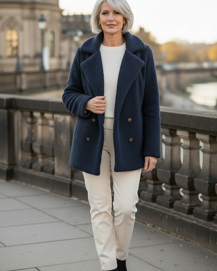 Teddy Jacke Blau - dunkelblaue Teddyjacke mit Reverskragen - Ansicht 3