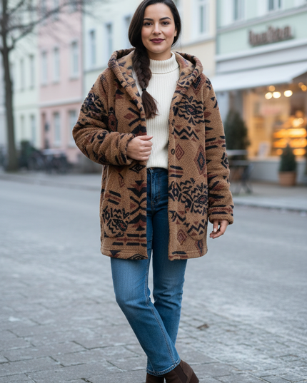 Teddy Jacke Damen Muster: braun, mit Kapuze - Ansicht 1