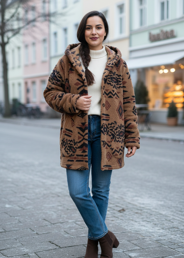 Teddy Jacke Damen Muster: braun, mit Kapuze - Ansicht 1
