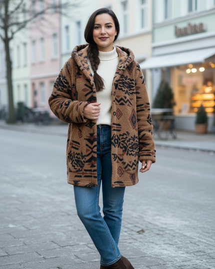 Teddy Jacke Damen Muster: braun, mit Kapuze - Ansicht 3