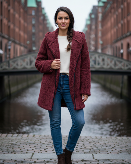 Teddy Jacke Damen Weinrot mit Umlegekragen - Ansicht 1