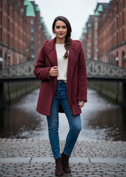 Teddy Jacke Damen Weinrot mit Umlegekragen - Ansicht 1