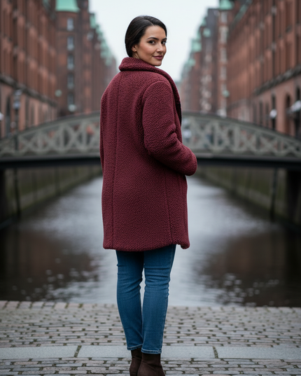 Teddy Jacke Damen Weinrot mit Umlegekragen - Ansicht 2