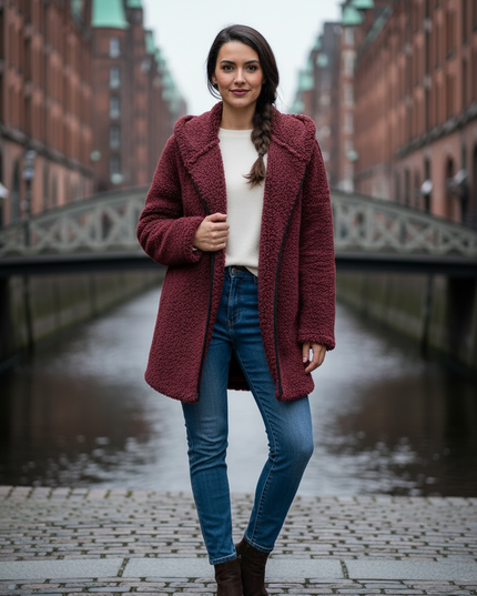 Teddy Jacke Damen Weinrot mit Umlegekragen - Ansicht 3