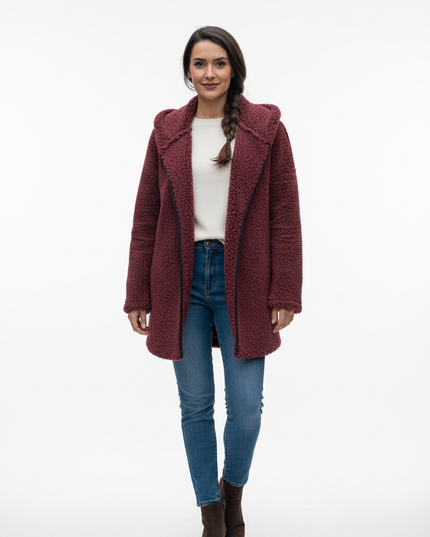 Teddy Jacke Damen Weinrot mit Umlegekragen - Ansicht 5