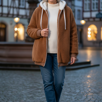 Teddy Jacke Hellbraun mit Kapuze und Reißverschluss - Ansicht 1