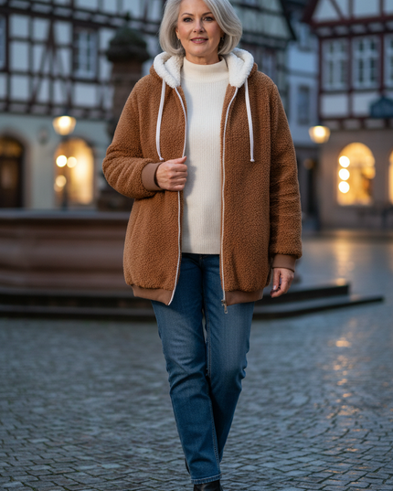 Teddy Jacke Hellbraun mit Kapuze und Reißverschluss - Ansicht 1