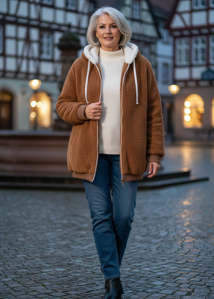 Teddy Jacke Hellbraun mit Kapuze und Reißverschluss - Ansicht 1