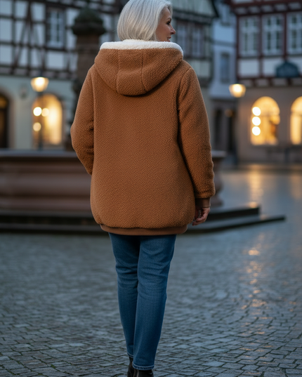 Teddy Jacke Hellbraun mit Kapuze und Reißverschluss - Ansicht 2