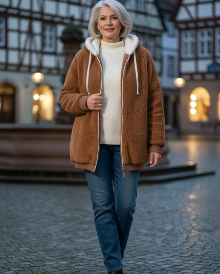 Teddy Jacke Hellbraun mit Kapuze und Reißverschluss - Ansicht 3