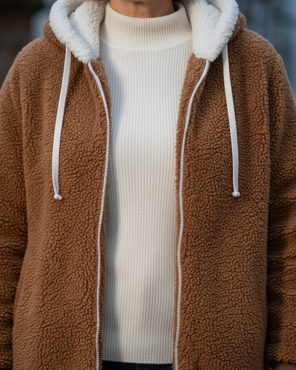 Teddy Jacke Hellbraun mit Kapuze und Reißverschluss - Ansicht 4