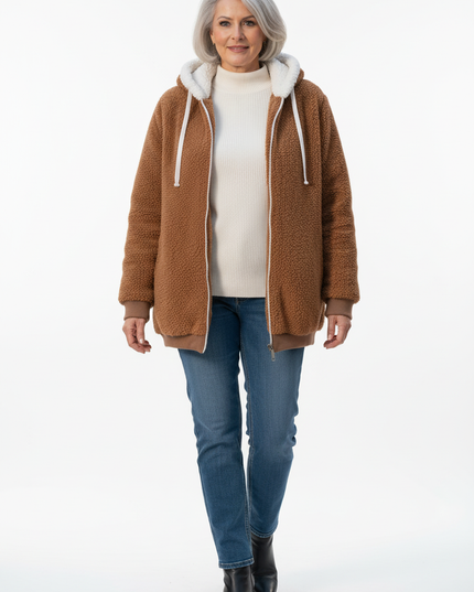 Teddy Jacke Hellbraun mit Kapuze und Reißverschluss - Ansicht 5
