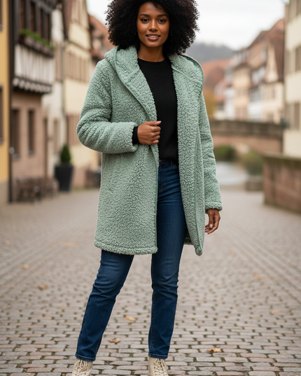 Teddy Jacke Mintgrün mit Umlegekragen für Damen - Ansicht 1