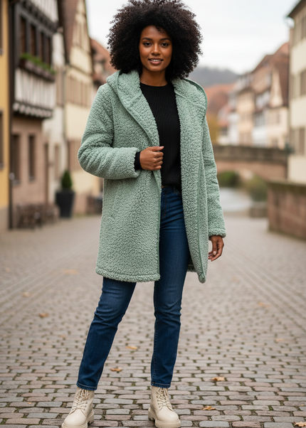 Teddy Jacke Mintgrün mit Umlegekragen für Damen - Ansicht 1