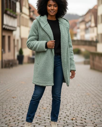 Teddy Jacke Mintgrün mit Umlegekragen für Damen - Ansicht 3