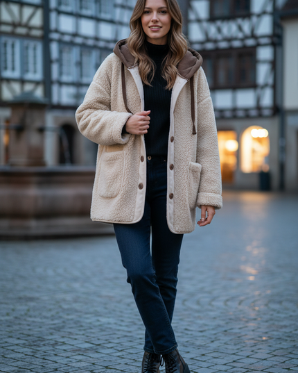 Teddy Jacke mit Knöpfen in Beige für Damen - Ansicht 1