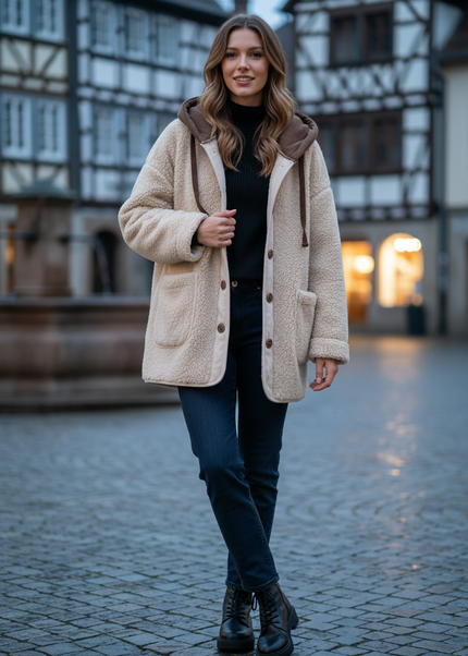 Teddy Jacke mit Knöpfen in Beige für Damen - Ansicht 1