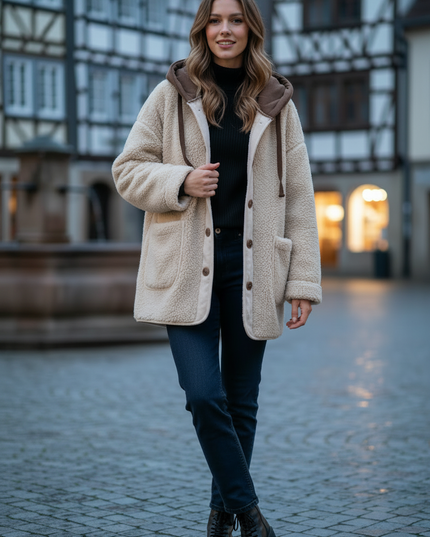 Teddy Jacke mit Knöpfen in Beige für Damen - Ansicht 3