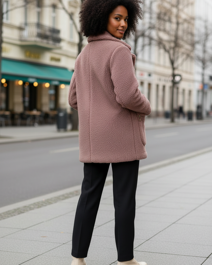 Teddy Kurzmantel Damen in Altrosa mit Knopfleiste - Ansicht 2