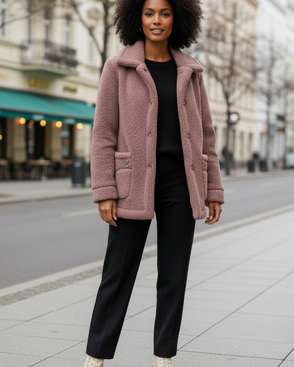 Teddy Kurzmantel Damen in Altrosa mit Knopfleiste - Ansicht 3