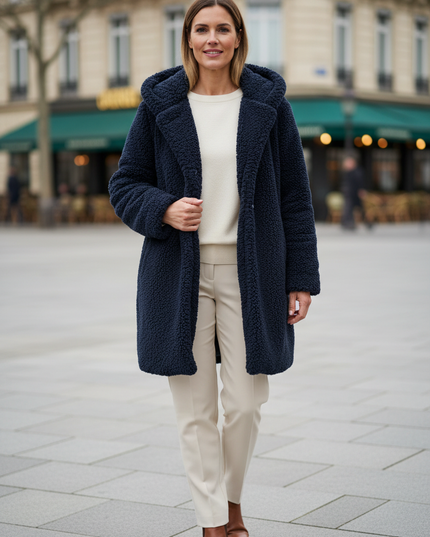 Teddy Mantel Blau Damen | Teddymantel mit Kapuze - Ansicht 1