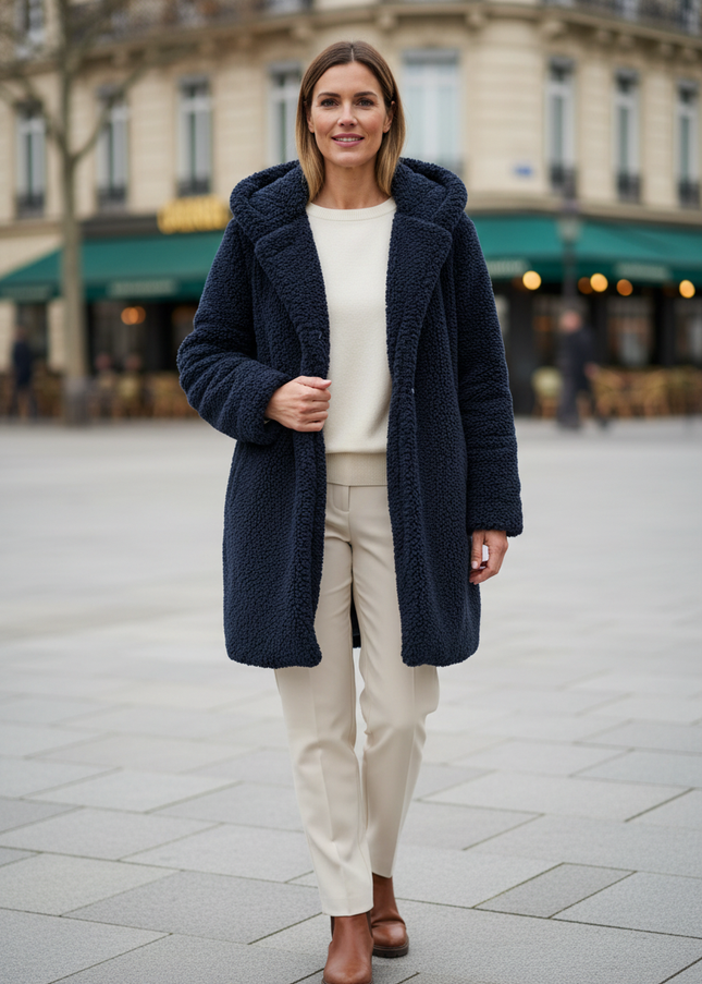 Teddy Mantel Blau Damen | Teddymantel mit Kapuze - Ansicht 1