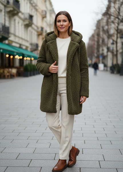 Teddy Mantel Damen Grün: olivgrüner Teddymantel mit Kapuze - Ansicht 1