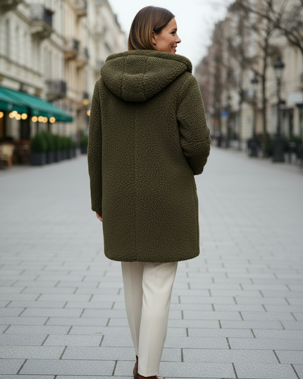 Teddy Mantel Damen Grün: olivgrüner Teddymantel mit Kapuze - Ansicht 2