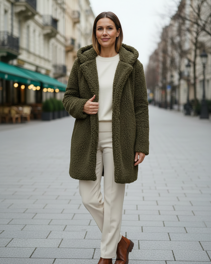 Teddy Mantel Damen Grün: olivgrüner Teddymantel mit Kapuze - Ansicht 3