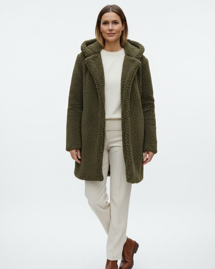 Teddy Mantel Damen Grün: olivgrüner Teddymantel mit Kapuze - Ansicht 5