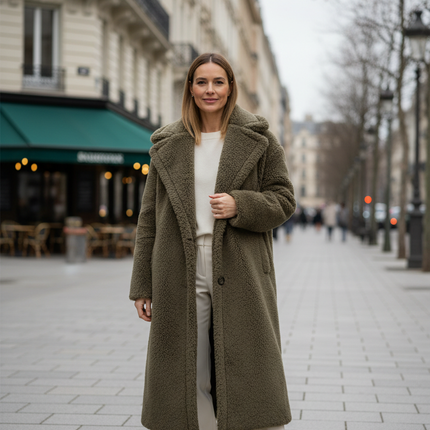 Teddy Mantel lang Damen olivgrün - Oversized Winter - Ansicht 1