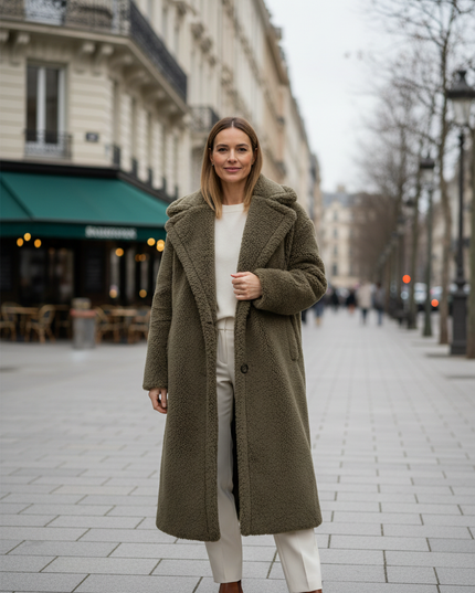 Teddy Mantel lang Damen olivgrün - Oversized Winter - Ansicht 1