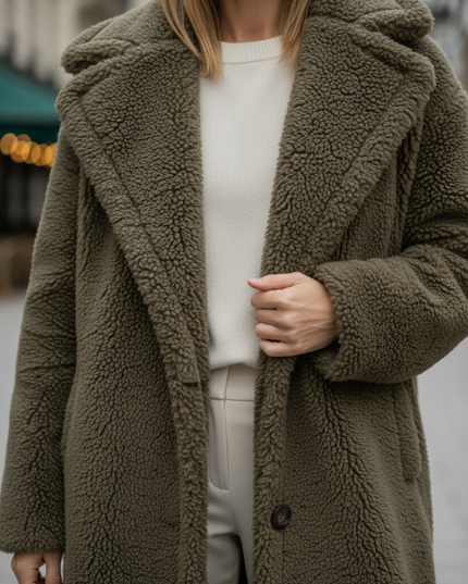 Teddy Mantel lang Damen olivgrün - Oversized Winter - Ansicht 4