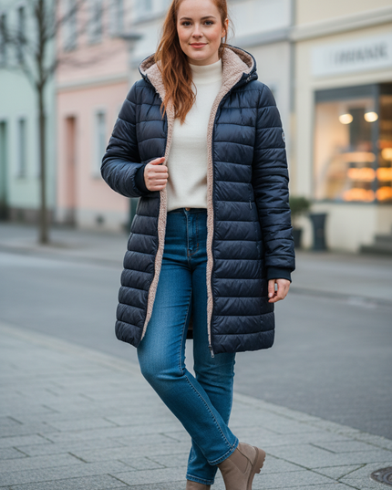 Teddy Steppjacke Damen dunkelblau mit Kapuze - Ansicht 1