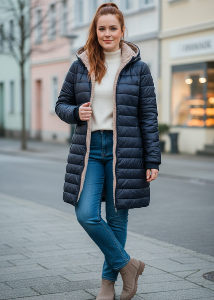 Teddy Steppjacke Damen dunkelblau mit Kapuze - Ansicht 1