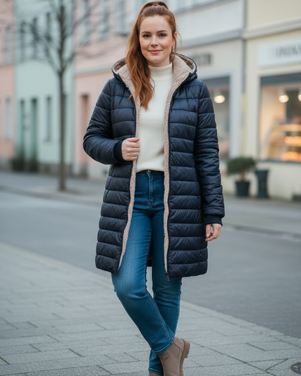 Teddy Steppjacke Damen dunkelblau mit Kapuze - Ansicht 3