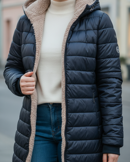 Teddy Steppjacke Damen dunkelblau mit Kapuze - Ansicht 4