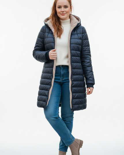 Teddy Steppjacke Damen dunkelblau mit Kapuze - Ansicht 5