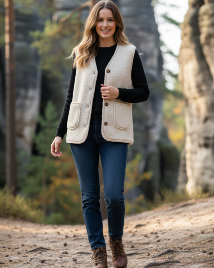 Teddy Weste Damen Creme | Ärmellose Knopfweste - Ansicht 1