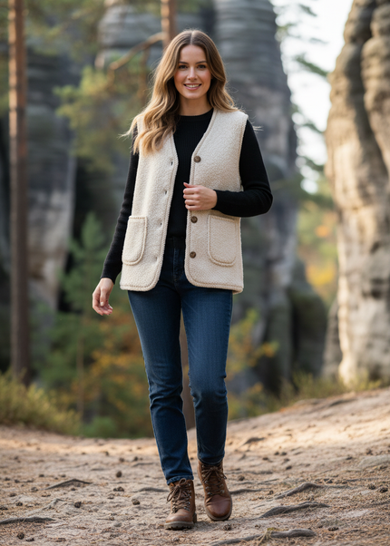 Teddy Weste Damen Creme | Ärmellose Knopfweste - Ansicht 1