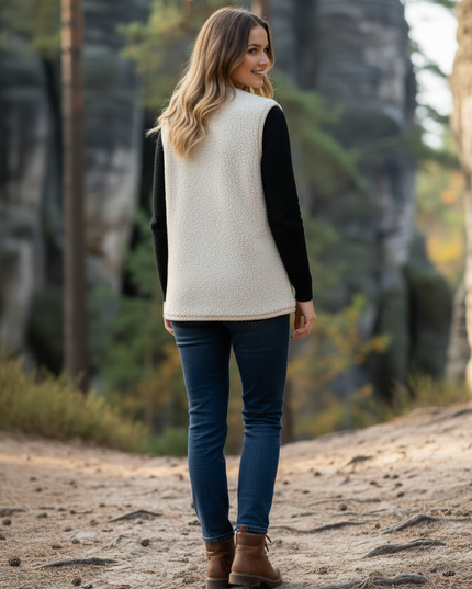 Teddy Weste Damen Creme | Ärmellose Knopfweste - Ansicht 2