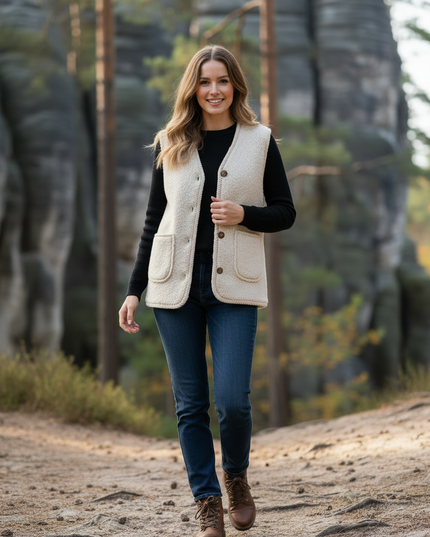 Teddy Weste Damen Creme | Ärmellose Knopfweste - Ansicht 3